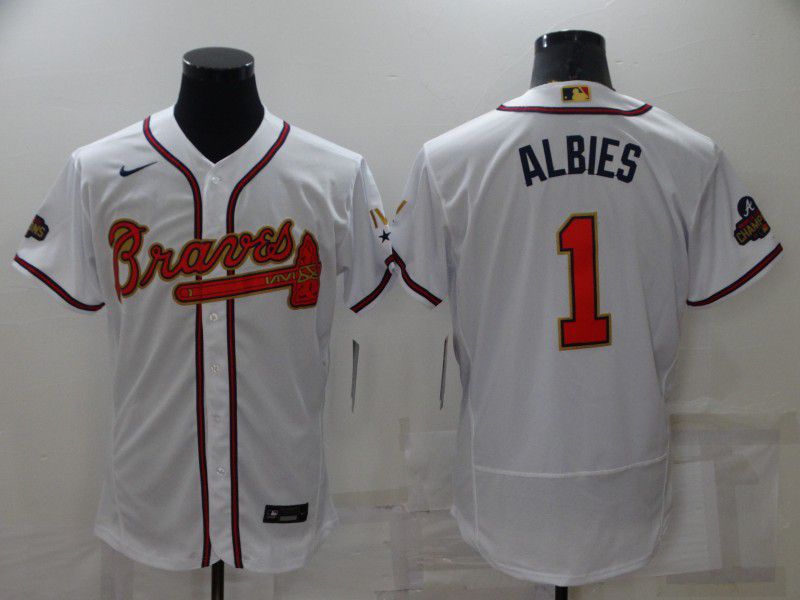Men Atlanta Braves #1 Albies White Gold Elite Nike 2022 MLB Jersey